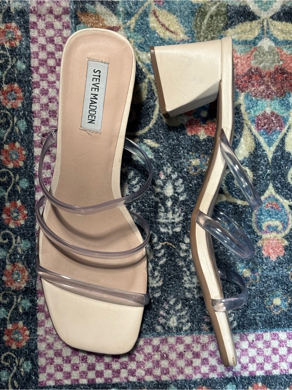 Steve Madden Blush Nude Block Heel Slide Sandals with Clear Straps- Sz 7.5- Y2K